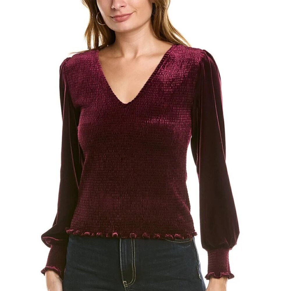 1 State Port Wine Velvet Smocked Long Sleeve V-Neck Top